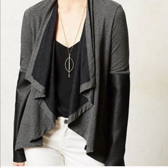 Anthropologie Sweaters - ANTHRO Bordeaux Grey Black Leather Draped Cardigan